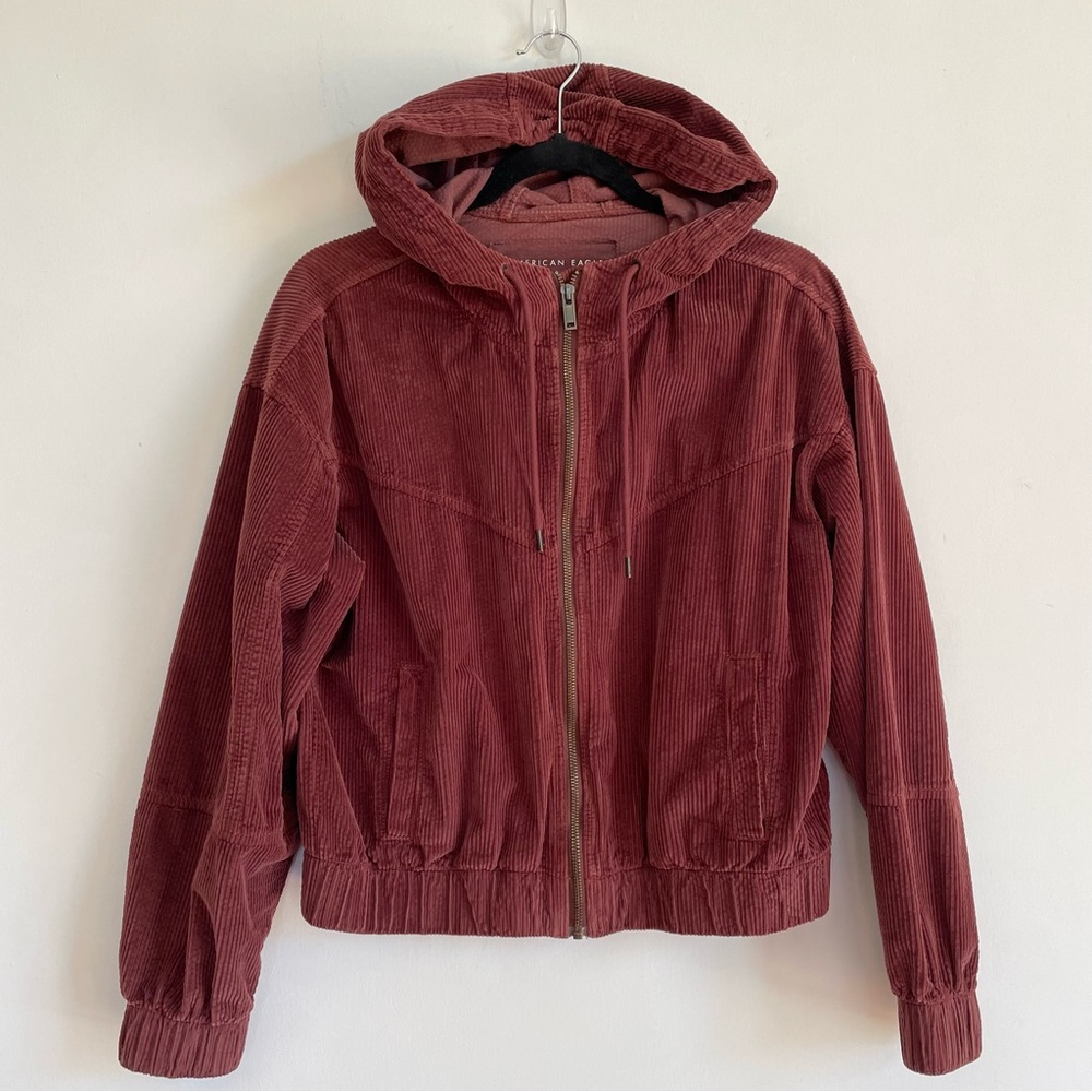 American Eagle Outfitters Maroon Corduroy Zip Up Jacket Hooded Red Draw String